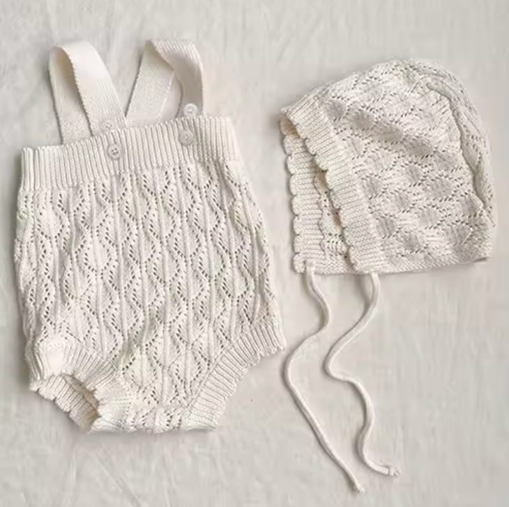 Baby Knit Romper and Bonnet Set