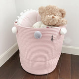 KIds Woven Cotton Rope Storage Baskets with Pom-Poms - Cozy Nursery