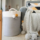 Woven Cotton Rope Storage Basket with Pom-Poms - Cozy Nursery