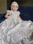 Customized Christening Dress Baby Girls Lace Baptism Dress Bonnet 2 Piece Set Beaded Applique Newborn Communion Flower Girl Gown
