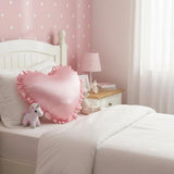 Heart-Shaped Satin Pillow with Ruffles – Romantic Decorative Cushion (40×35Cm)