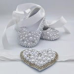 Handmade White Pearls Bling Rhinestone Baby Crib Shoes Christening Outfit Wedding Sparkle Organza Baptism 0-3M Shoes