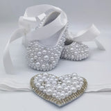 Handmade White Pearls Bling Rhinestone Baby Crib Shoes Christening Outfit Wedding Sparkle Organza Baptism 0-3M Shoes