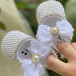 Handmade White Pearls Bling Rhinestone Baby Crib Shoes Christening Outfit Wedding Sparkle Organza Baptism 0-3M Shoes