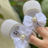 Handmade White Pearls Bling Rhinestone Baby Crib Shoes Christening Outfit Wedding Sparkle Organza Baptism 0-3M Shoes
