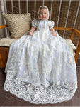 Customized Christening Dress Baby Girls Lace Baptism Dress Bonnet 2 Piece Set Beaded Applique Newborn Communion Flower Girl Gown