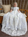 Customized Christening Dress Baby Girls Lace Baptism Dress Bonnet 2 Piece Set Beaded Applique Newborn Communion Flower Girl Gown