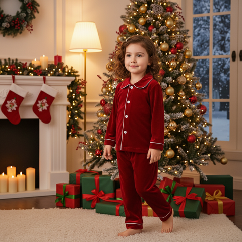 Luxury Velvet Christmas Red Pajamas & Robes for Kids Toddlers