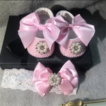 Handmade White Pearls Bling Rhinestone Baby Crib Shoes Christening Outfit Wedding Sparkle Organza Baptism 0-3M Shoes