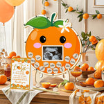 A Little Cutie Is on the Way Baby Shower Guest Book Set, 64 Pieces, Little Cutie Baby Shower Decorations with Wood Photo Sonogram Frame Keepsake 60 Wood Orange Chips Pen Standing Sign Synopsis