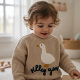 Silly Goose Kids Knit Sweater – Embroidered Goose Pullover | Cozy Cotton Knit Jumper | Toddler & Baby Gift