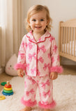 Bow Party Kids Pajamas: Feather Trim Satin Button-Up Set