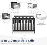 Baby Crib 5-In-1 Convertible, Wooden Cribs Converts to Toddler Bed