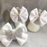 Handmade White Pearls Bling Rhinestone Baby Crib Shoes Christening Outfit Wedding Sparkle Organza Baptism 0-3M Shoes