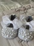 Handmade White Pearls Bling Rhinestone Baby Crib Shoes Christening Outfit Wedding Sparkle Organza Baptism 0-3M Shoes