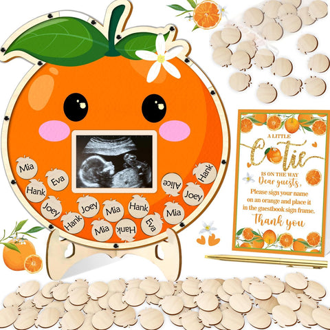 A Little Cutie Is on the Way Baby Shower Guest Book Set, 64 Pieces, Little Cutie Baby Shower Decorations with Wood Photo Sonogram Frame Keepsake 60 Wood Orange Chips Pen Standing Sign Synopsis