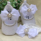Handmade White Pearls Bling Rhinestone Baby Crib Shoes Christening Outfit Wedding Sparkle Organza Baptism 0-3M Shoes