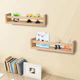 2Pcs Bookshelf Natural Wood Floating Wall Bookshelf