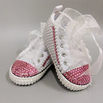 Handmade White Pearls Bling Rhinestone Baby Crib Shoes Christening Outfit Wedding Sparkle Organza Baptism 0-3M Shoes