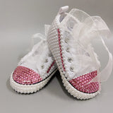 Handmade White Pearls Bling Rhinestone Baby Crib Shoes Christening Outfit Wedding Sparkle Organza Baptism 0-3M Shoes