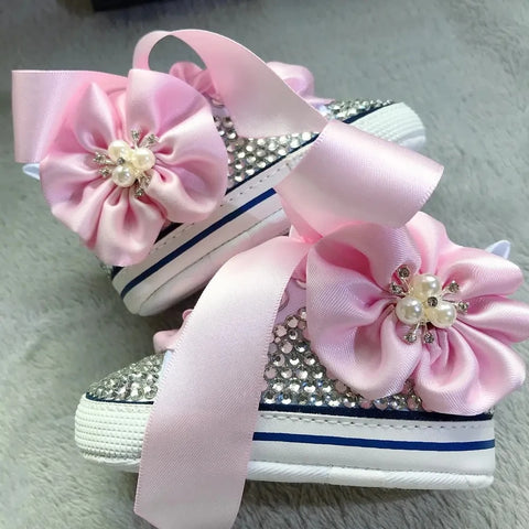 Bling Baby Sneakers – Pink Satin & Rhinestone Crib Shoe