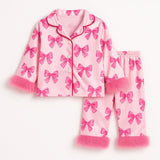 Bow Party Kids Pajamas: Feather Trim Satin Button-Up Set