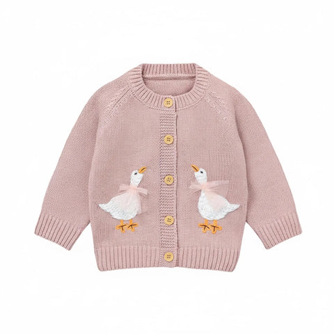 Baby Goose Knit Cardigan – Embroidered Duck Sweater | Soft Cotton Knit | Pink & Blue Variants | Cozy Baby Gift
