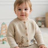 Baby Knit Cardigan – Neutral Safari Animal Sweater | Elephant & Giraffe Embroidery | Soft Cotton Knit | Baby Shower Gift