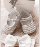 Handmade White Pearls Bling Rhinestone Baby Crib Shoes Christening Outfit Wedding Sparkle Organza Baptism 0-3M Shoes