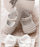 Handmade White Pearls Bling Rhinestone Baby Crib Shoes Christening Outfit Wedding Sparkle Organza Baptism 0-3M Shoes