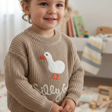 Silly Goose Kids Knit Sweater – Embroidered Goose Pullover | Cozy Cotton Knit Jumper | Toddler & Baby Gift