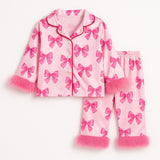 Bow Party Kids Pajamas: Feather Trim Satin Button-Up Set