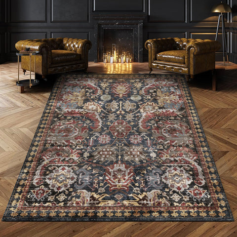 Washable Area Rugs - Perfect for Living Room, Bedroom, Kids Room, Nursery - Stain & Water Resistant Non-Slip, Pet & Child Friendly, Vintage Tribal Area Rugs (Rust, 5' X 7')