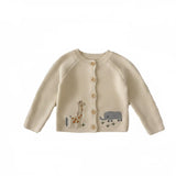 Baby Knit Cardigan – Neutral Safari Animal Sweater | Elephant & Giraffe Embroidery | Soft Cotton Knit | Baby Shower Gift