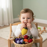 Crochet Fruit Baby Rattle – Wooden Teether Ring | Handmade Amigurumi, Montessori Sensory Toy, Baby Shower Gift