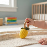 Crochet Fruit Baby Rattle – Wooden Teether Ring | Handmade Amigurumi, Montessori Sensory Toy, Baby Shower Gift