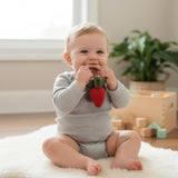 Crochet Fruit Baby Rattle – Wooden Teether Ring | Handmade Amigurumi, Montessori Sensory Toy, Baby Shower Gift