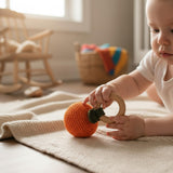 Crochet Fruit Baby Rattle – Wooden Teether Ring | Handmade Amigurumi, Montessori Sensory Toy, Baby Shower Gift
