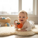 Crochet Fruit Baby Rattle – Wooden Teether Ring | Handmade Amigurumi, Montessori Sensory Toy, Baby Shower Gift