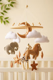 Safari Nursery Mobile – Felt Animals, Moon & Clouds