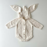 Baby Bunny Knit Romper – Long Sleeve Baby Bodysuit with Hood and Ears | Soft Cotton Knit | Newborn Outfit & Baby Shower Gift