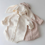 Baby Bunny Knit Romper – Long Sleeve Baby Bodysuit with Hood and Ears | Soft Cotton Knit | Newborn Outfit & Baby Shower Gift