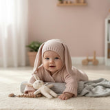 Baby Bunny Knit Romper – Long Sleeve Baby Bodysuit with Hood and Ears | Soft Cotton Knit | Newborn Outfit & Baby Shower Gift