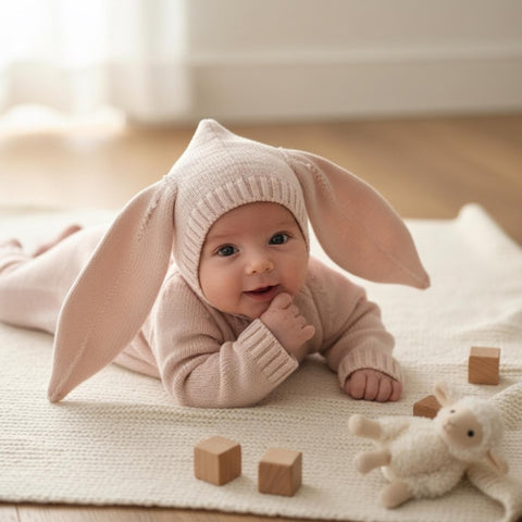 Baby Bunny Knit Romper – Long Sleeve Baby Bodysuit with Hood and Ears | Soft Cotton Knit | Newborn Outfit & Baby Shower Gift