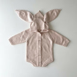 Baby Bunny Knit Romper – Long Sleeve Baby Bodysuit with Hood and Ears | Soft Cotton Knit | Newborn Outfit & Baby Shower Gift