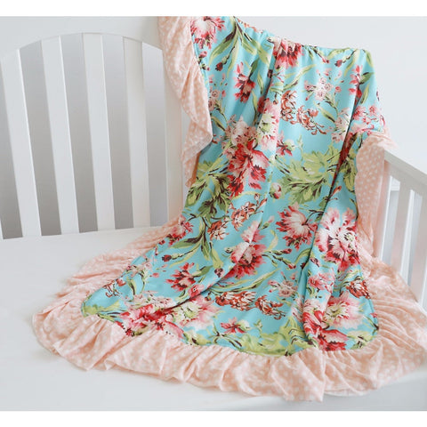 Floral Minky Baby Ruffle Blanket Mint - Cozy Nursery