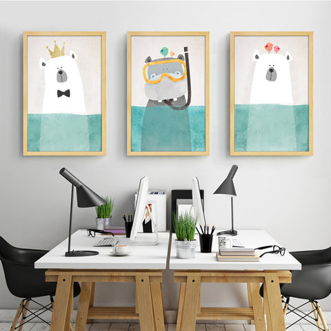 Art Nordic Animals Bear Hippo Poster Print Nursery Poster - Cozy Nursery