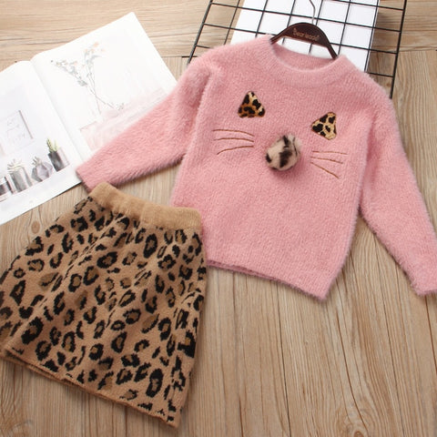 Winter Leopard Sweater Skirt Set