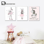 Cartoon Girl Unicorn Flamingo Poster - Cozy Nursery