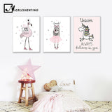 Cartoon Girl Unicorn Flamingo Poster - Cozy Nursery